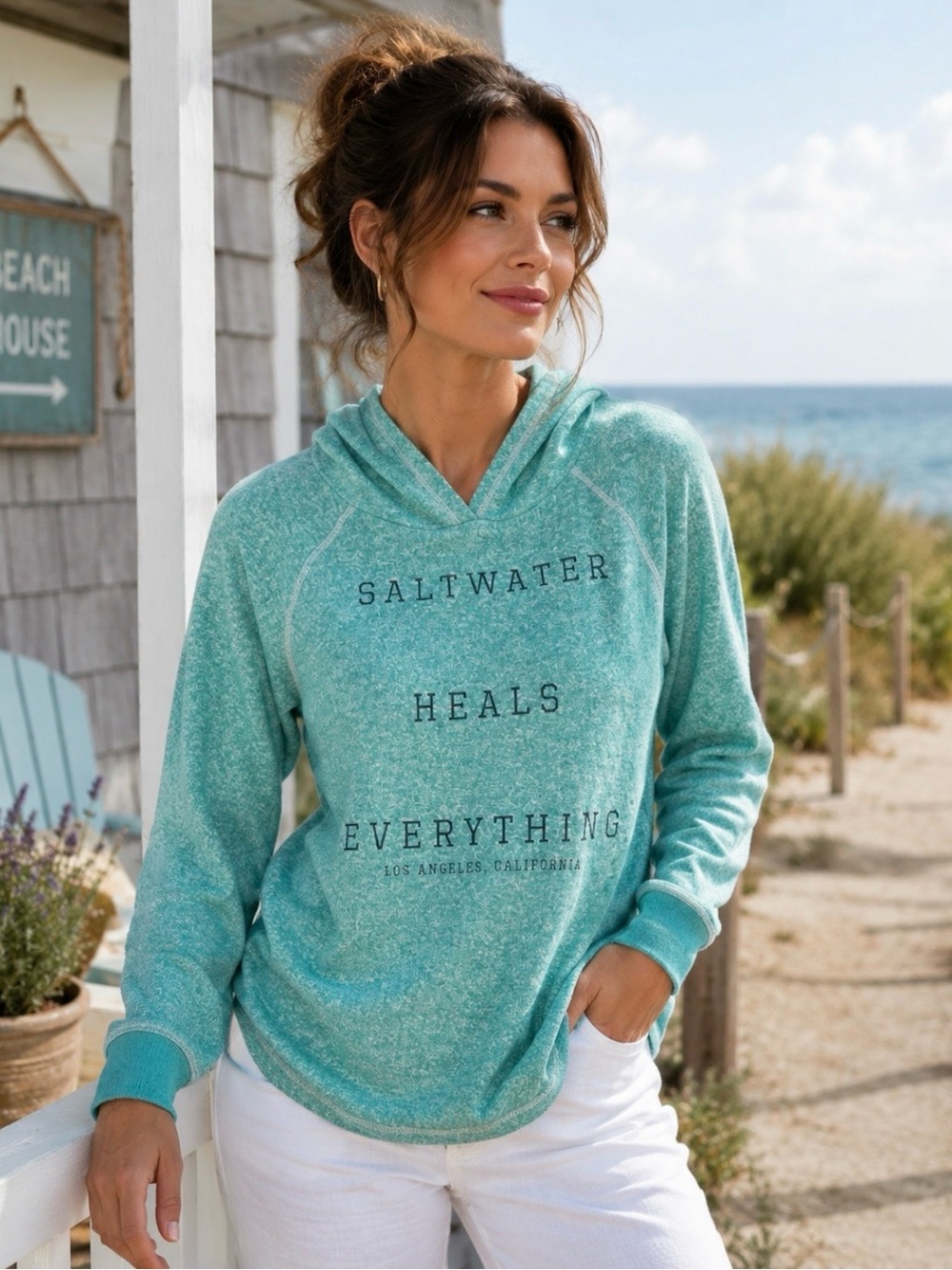 Coastal Classics turquoise hooded jersey top